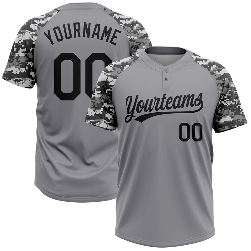 Custom Gray Black Camo Raglan Sleeves Two-Button Unisex Softball Jersey