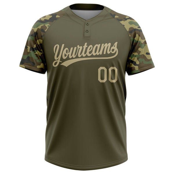 Custom Olive Vegas Gold Camo Raglan Sleeves Salute To Service Two-Button Unisex Softball Jersey