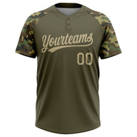 Custom Olive Vegas Gold Camo Raglan Sleeves Salute To Service Two-Button Unisex Softball Jersey