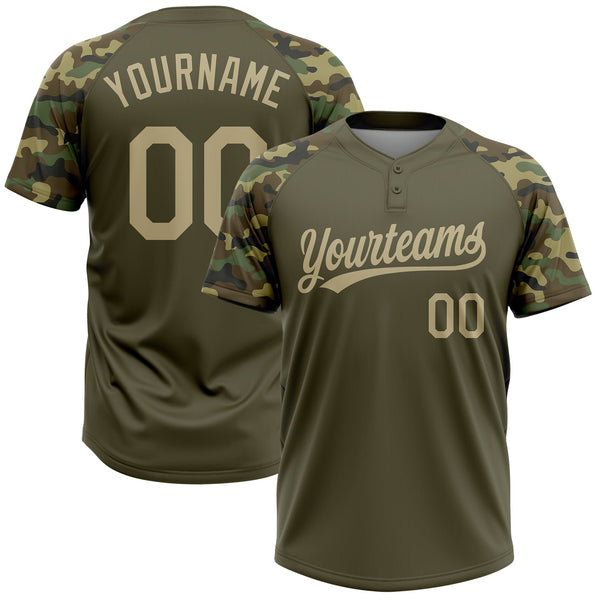 Custom Olive Vegas Gold Camo Raglan Sleeves Salute To Service Two-Button Unisex Softball Jersey