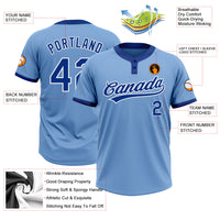 Custom Light Blue Royal-White Two-Button Unisex Softball Jersey