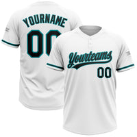 Custom White Black-Teal Two-Button Unisex Softball Jersey