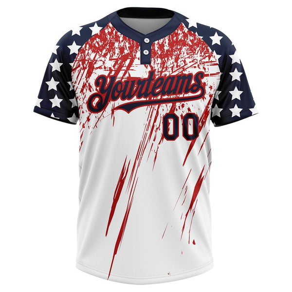 Custom White Navy-Red 3D American Flag Scratch Brush Stroke Star Raglan Sleeves Two-Button Unisex Softball Jersey