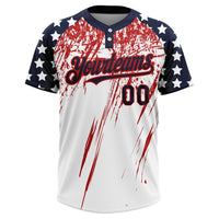 Custom White Navy-Red 3D American Flag Scratch Brush Stroke Star Raglan Sleeves Two-Button Unisex Softball Jersey