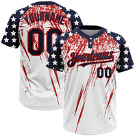 Custom White Navy-Red 3D American Flag Scratch Brush Stroke Star Raglan Sleeves Two-Button Unisex Softball Jersey