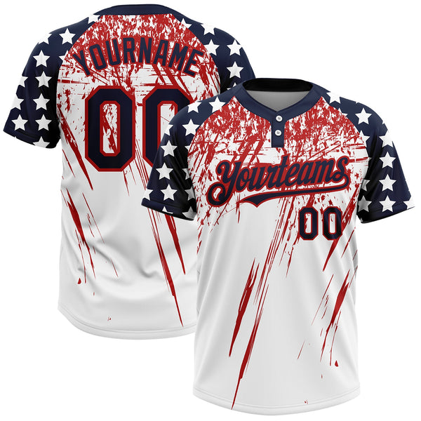 Custom White Navy-Red 3D American Flag Scratch Brush Stroke Star Raglan Sleeves Two-Button Unisex Softball Jersey