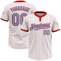 Custom White Red Pinstripe Light Blue Two-Button Unisex Softball Jersey