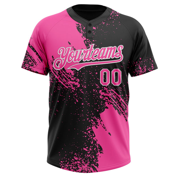 Custom Pink Black-White 3D Pattern Abstract Brush Stroke Two-Button Unisex Softball Jersey