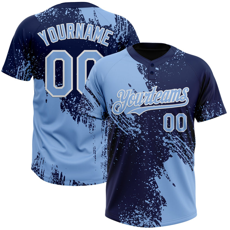 Custom Light Blue Navy-White 3D Pattern Abstract Brush Stroke Two-Button Unisex Softball Jersey