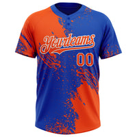 Custom Orange Thunder Blue-White 3D Pattern Abstract Brush Stroke Two-Button Unisex Softball Jersey