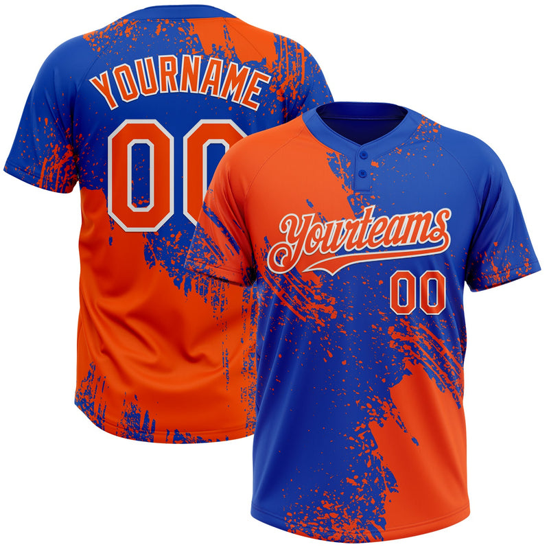 Custom Orange Thunder Blue-White 3D Pattern Abstract Brush Stroke Two-Button Unisex Softball Jersey