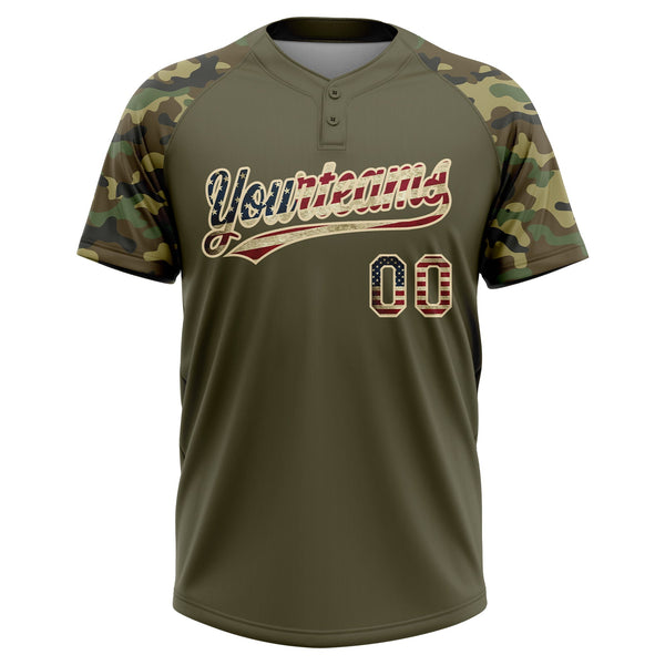 Custom Olive Vintage USA Flag-Cream Salute To Service Camo Raglan Sleeves Two-Button Unisex Softball Jersey