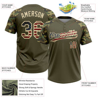 Custom Olive Vintage USA Flag-Cream Salute To Service Camo Raglan Sleeves Two-Button Unisex Softball Jersey