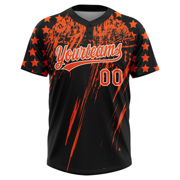 Custom Black Orange-White Distressed Scratch Brush Stroke Star Raglan Sleeves Two-Button Unisex Softball Jersey