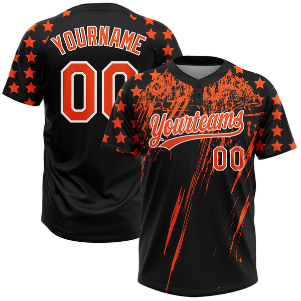 Custom Black Orange-White Distressed Scratch Brush Stroke Star Raglan Sleeves Two-Button Unisex Softball Jersey