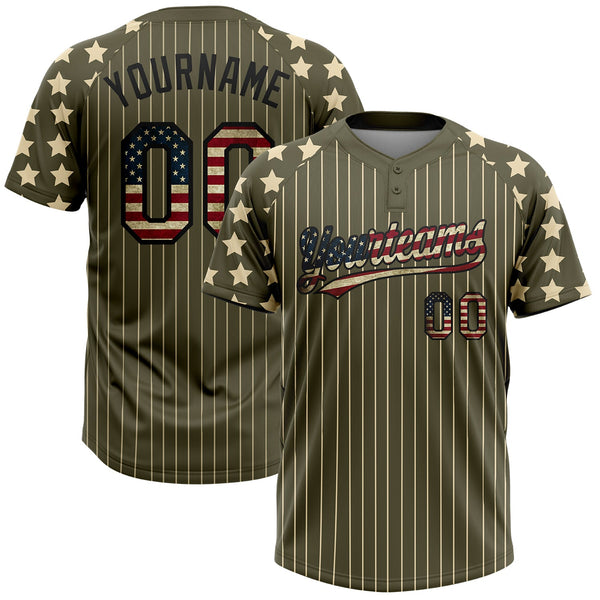 Custom Olive Cream Pinstripe Vintage USA Flag-Black Salute To Service Star Raglan Sleeves Two-Button Unisex Softball Jersey