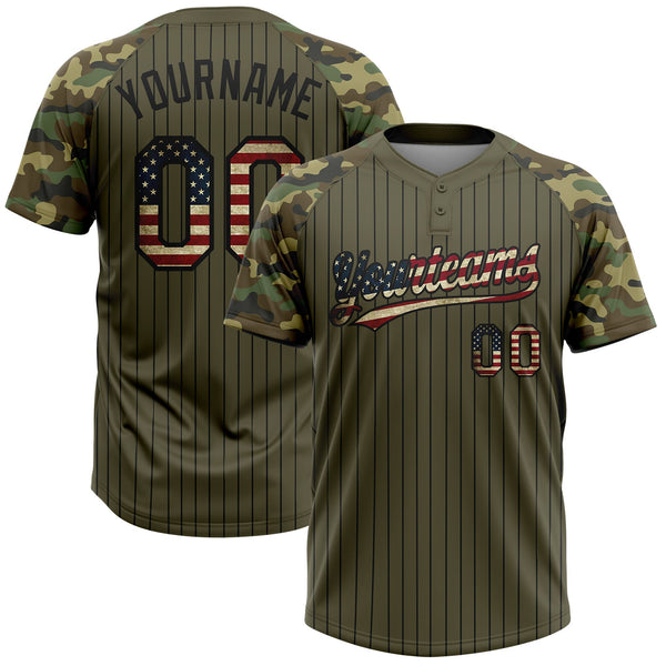 Custom Olive Black Pinstripe Vintage USA Flag Salute To Service Camo Raglan Sleeves Two-Button Unisex Softball Jersey
