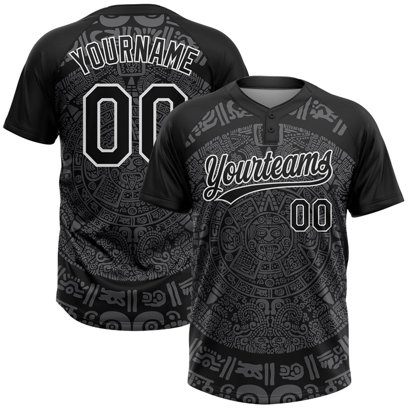 Custom Black Steel Gray-White Ethnic Aztec Mexican Heritage Two-Button Unisex Softball Jersey