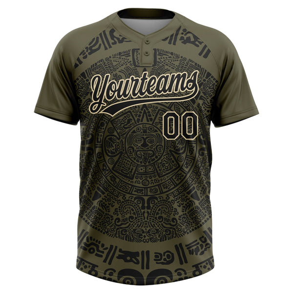 Custom Olive Black-Cream Ethnic Aztec Mexican Heritage Two-Button Unisex Softball Jersey
