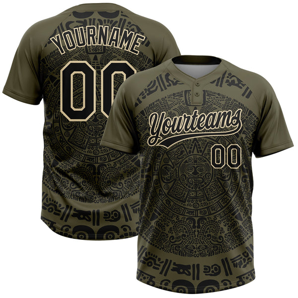 Custom Olive Black-Cream Ethnic Aztec Mexican Heritage Two-Button Unisex Softball Jersey