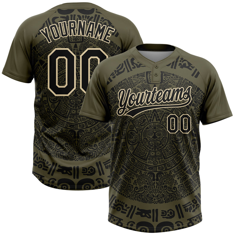 Custom Olive Black-Cream Ethnic Aztec Mexican Heritage Two-Button Unisex Softball Jersey