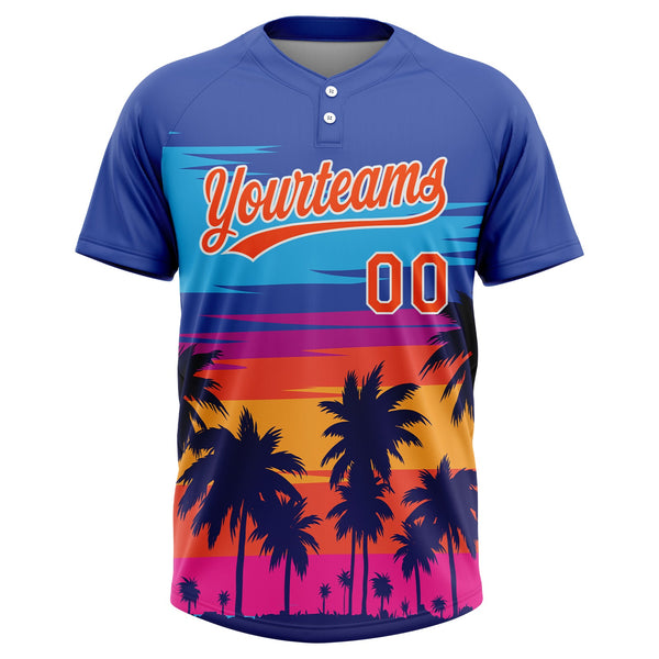 Custom Royal Orange-White Tropical Hawaii Palm Trees Two-Button Unisex Softball Jersey