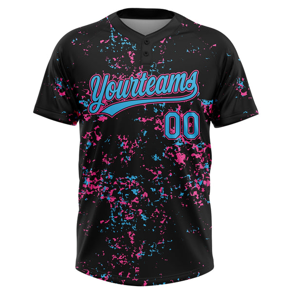 Custom Black Sky Blue Pink-Light Blue Abstract Shattered Paint Splatter Two-Button Unisex Softball Jersey