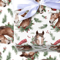 Watercolor Equestrian Gift Wrap, Christmas Horse Wrapping Paper, Santa Hat Horse Wrapping Paper, Farm Animal Christmas Wrapping Paper