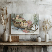 Snowy Forest Holiday Wall Art, Vintage Christmas Sleigh Canvas Print, Festive Winter Sleigh Canvas, Christmas Presents Wall Decor