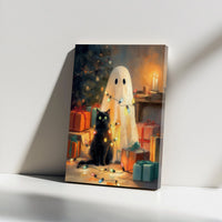 Adorable Spooky Holiday Lights Canvas Print, Ghost and Black Cat Christmas Canvas, Christmas Cat Wall Art, Spooky Festive Canvas Wall Decor Present