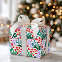 Red Berries Green Leaves Gift Wrap, Watercolor Botanical Wrapping Paper, Elegant Christmas Floral Wrapping Paper