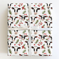 Rustic Farmhouse Holly Gift Wrap, Christmas Cow Wrapping Paper, Winter Cattle Holiday Wrapping Paper, Animal Lover Christmas Gift Wrap