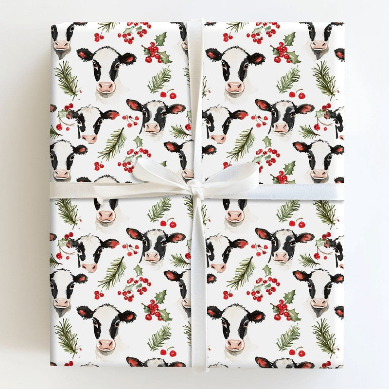 Rustic Farmhouse Holly Gift Wrap, Christmas Cow Wrapping Paper, Winter Cattle Holiday Wrapping Paper, Animal Lover Christmas Gift Wrap
