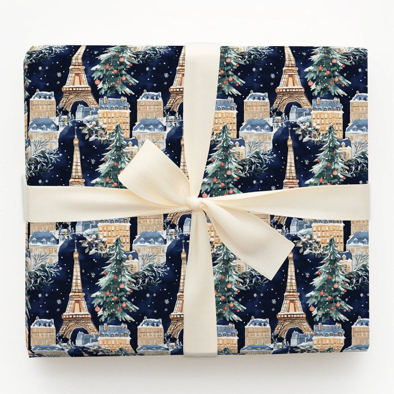 Snowy Eiffel Tower Night Gift Wrap, Christmas in Paris Wrapping Paper, French Cityscape Holiday Gift Wrap, Winter Scene Paper, Travel Present