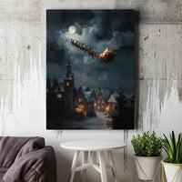 Snowy Christmas Village Print, Santa Sleigh Christmas Wall Art, Moonlit Santa Poster, Holiday Night Scene Decor, Xmas Digital Download