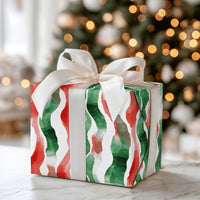 Red and Green Ribbon Gift Wrap, Watercolor Wavy Stripe Wrapping Paper, Modern Christmas Wrapping Paper, Festive Holiday Gift Wrap Roll