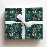 Orange Monarch Botanical Holiday Gift Wrap, Butterfly Holly Christmas Wrapping Paper, Teal Winter Foliage Wrapping Paper, Nature Lover Wrap