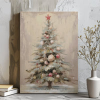 Holiday Tree with Red Star Canvas Print, Painterly Christmas Tree Canvas Wall Art, Neutral Festive Canvas, Comfy Winter Season Wall Decor