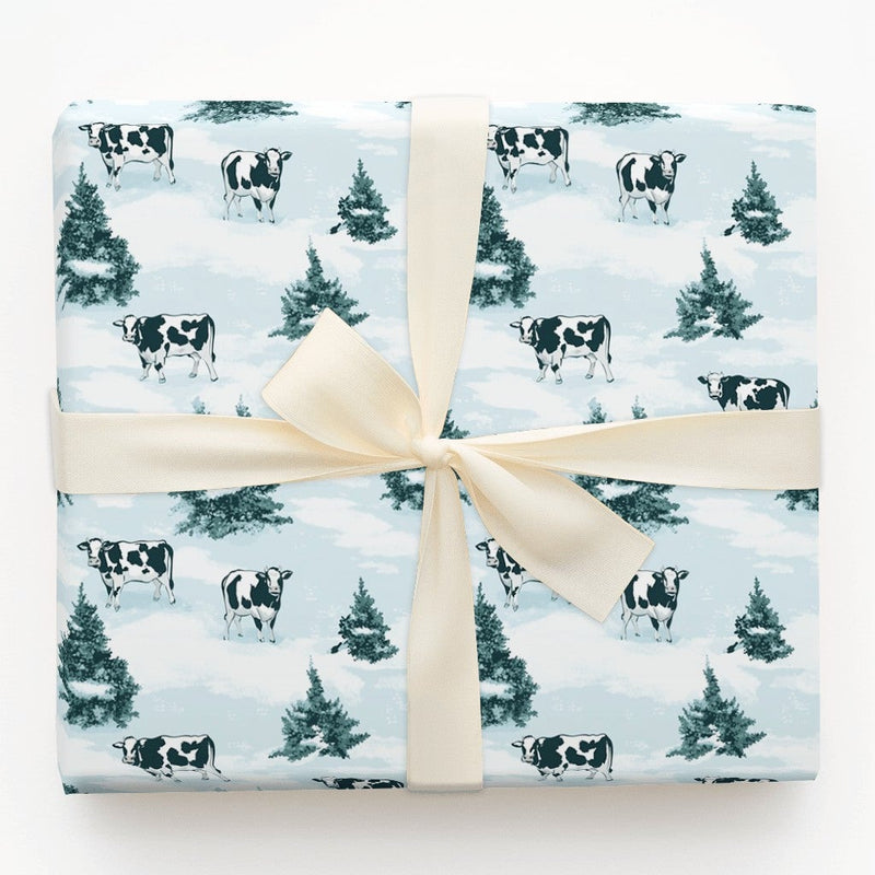Holstein Cattle Snowy Pine Tree Gift Wrap, Winter Cow Christmas Wrapping Paper, Rustic Farmhouse Present Paper, Country Holiday Present Wrap