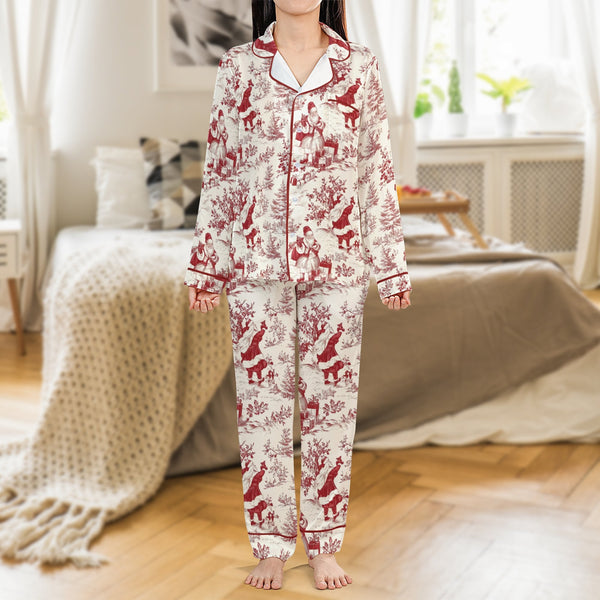 Vintage Holiday Pajama Set, Christmas Santa Toile Satin Pajamas, Festive Christmas Loungewear, Silky Sleepwear, Holiday Prese