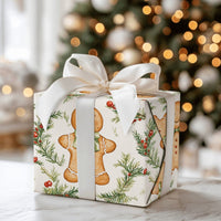 Watercolor Holly Pine Gift Wrap, Gingerbread Man Christmas Wrapping Paper, Festive Holiday Wrapping Paper, Cookie Seasonal Present Packaging
