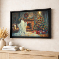 Spooky Adorable Holiday Fireplace Poster, Ghost Christmas Tree Canvas Wall Art, Comfy Winter Scene Print, Digital Download Xmas Decor
