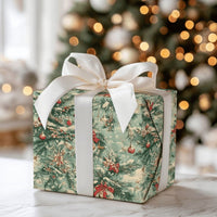 Nostalgic Holiday Gift Wrap, Vintage Pine Tree Christmas Wrapping Paper, Victorian Xmas Wrapping Paper, Snow Dusted Tree Gift Wrapping Paper