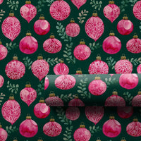 Watercolor Greenery Gift Wrap, Pink Ornament Christmas Wrapping Paper, Dark Green Holiday Wrapping Paper, Elegant Winter Bauble Gift Wrap
