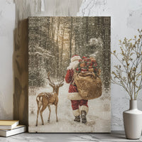 Snowy Forest Christmas Scene Print, Santa and Reindeer Canvas Wall Art, Festive Holiday Farmhouse Decor, Winter Night Santa Canvas Art
