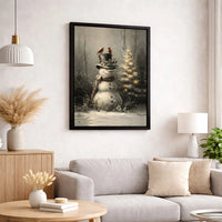 Winter Scene with Red Cardinal Poster, Vintage Snowman Canvas Wall Art Print, Rustic Christmas Holiday Decor, Printable Winter Village Art