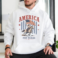 America 250 Years Hoodie | Vintage Cowboy on Horseback with American Flag Art | Soft Cotton-Polyester Blend | Patriotic Gift for History Enthusiasts