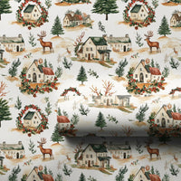 Rustic Watercolor Winter Wrapping Paper, Christmas Village Wrapping Paper, Comfy Pine Tree Gift Wrap, Reindeer Holiday Winter Wrapping Paper
