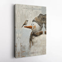 Rustic Winter Snowman Wall Art, Snowman and Bird Canvas Print, Holiday Snowman Oil Painting Canvas, Farmhouse Christmas Decor
