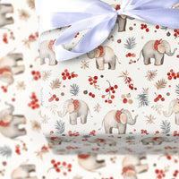 Watercolor Saddle Holiday Gift Wrap, Christmas Elephant Wrapping Paper, Winter Botanical Elephant Wrapping Paper, Festive Holly Gift Wrap